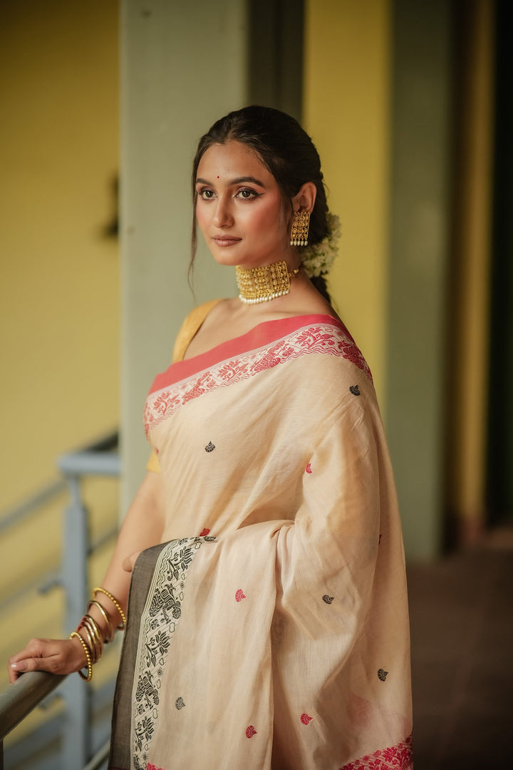 Tant Katha: Lal Kalo Ganga Jamuna Handwoven Cotton Baluchari Saree