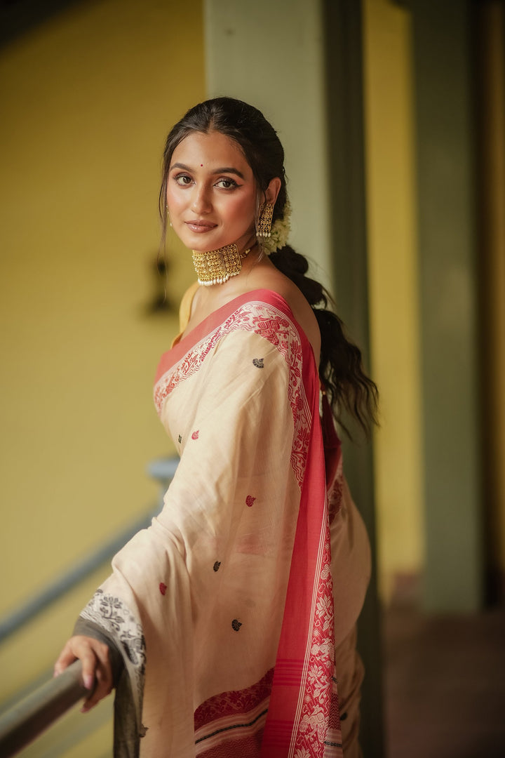 Tant Katha: Lal Kalo Ganga Jamuna Handwoven Cotton Baluchari Saree