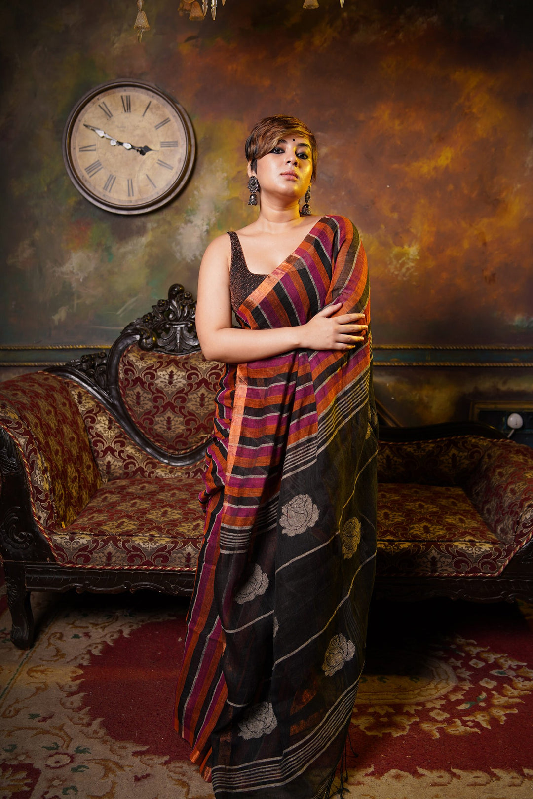 Guldasta - Black Rose Linen Jamdani Saree