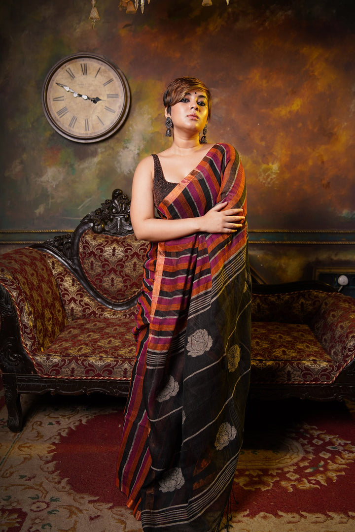 Guldasta - Black Rose Linen Jamdani Saree