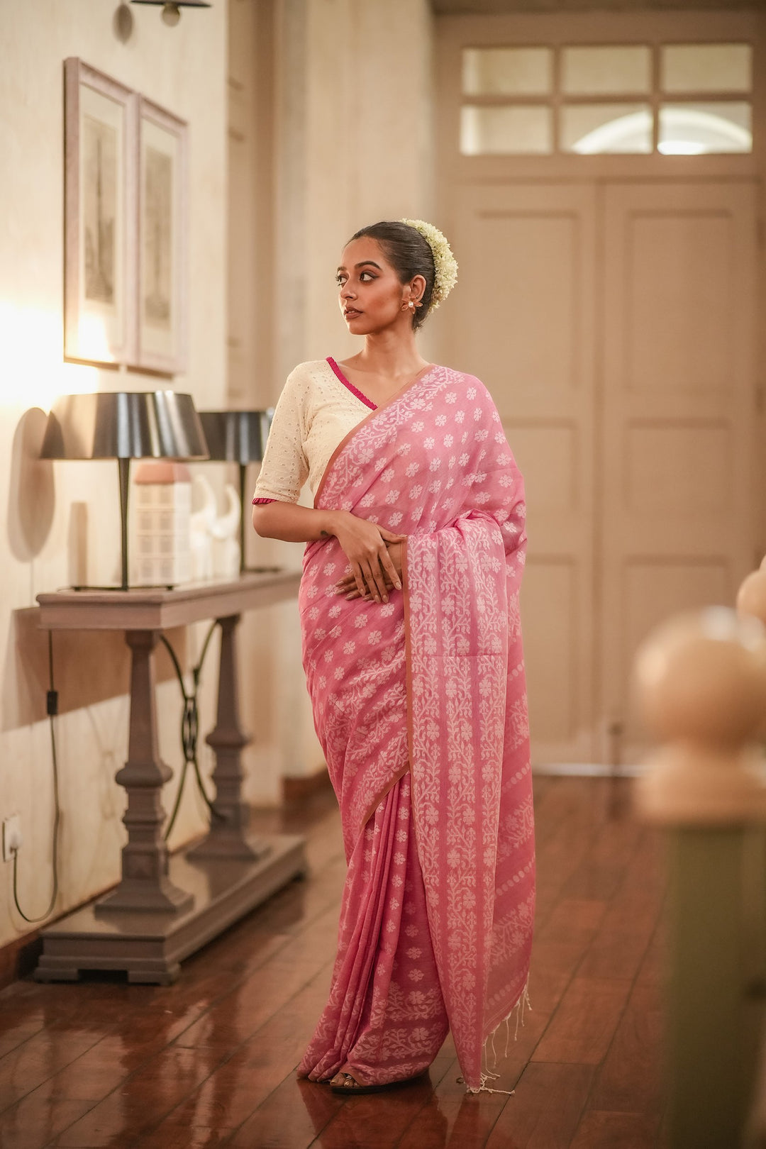 Strawberry Muse: Handwoven Pink Jamdani Cotton Mahapaar Saree