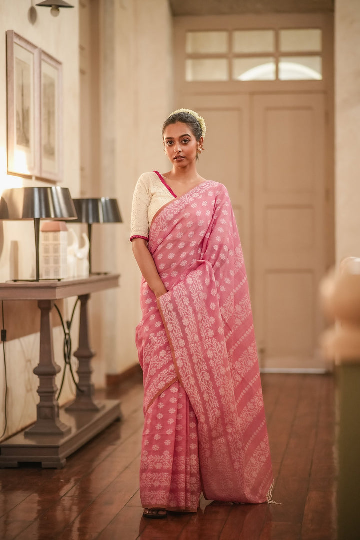 Strawberry Muse: Handwoven Pink Jamdani Cotton Mahapaar Saree