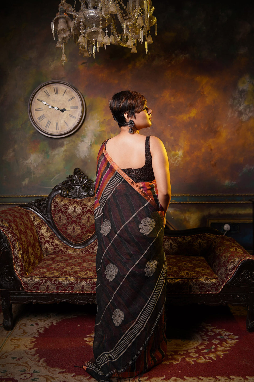 Guldasta - Black Rose Linen Jamdani Saree
