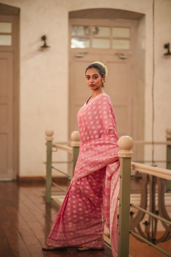 Strawberry Muse: Handwoven Pink Jamdani Cotton Mahapaar Saree