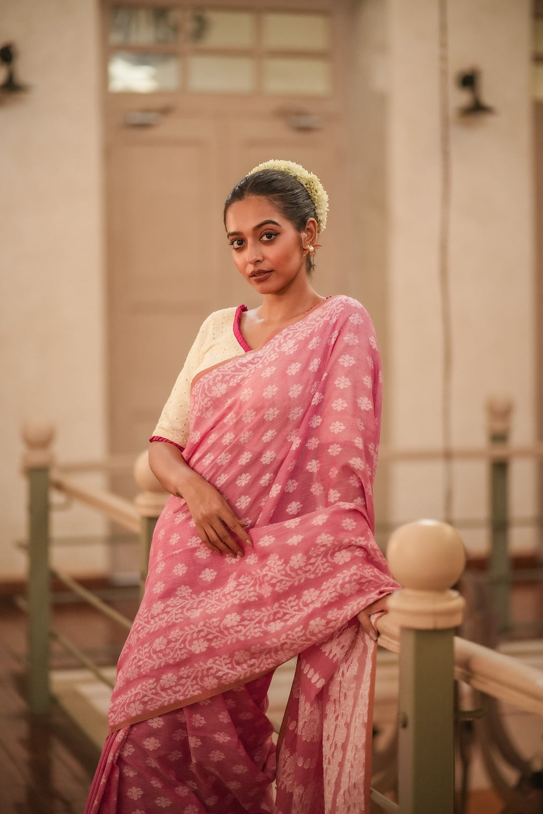 Strawberry Muse: Handwoven Pink Jamdani Cotton Mahapaar Saree