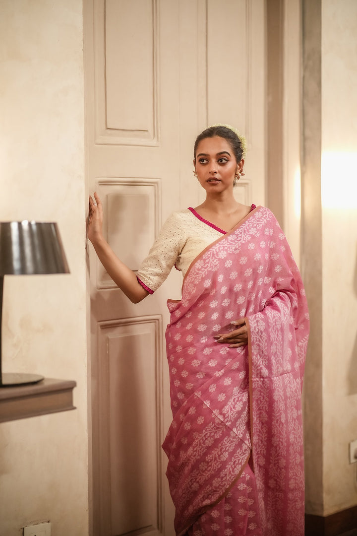 Strawberry Muse: Handwoven Pink Jamdani Cotton Mahapaar Saree