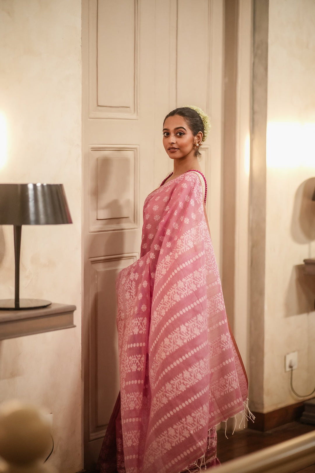Strawberry Muse: Handwoven Pink Jamdani Cotton Mahapaar Saree