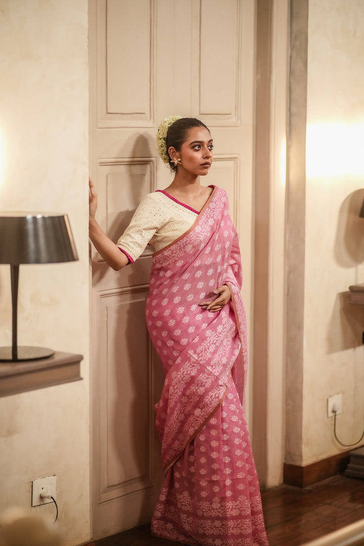 Strawberry Muse: Handwoven Pink Jamdani Cotton Mahapaar Saree