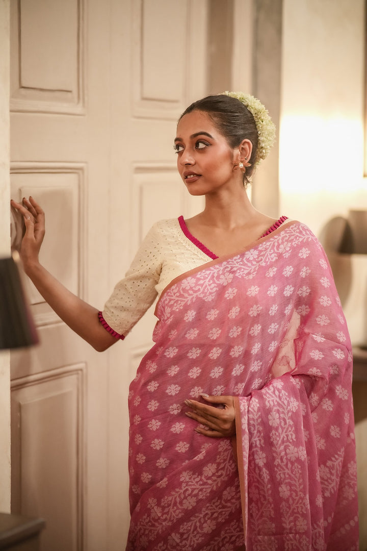 Strawberry Muse: Handwoven Pink Jamdani Cotton Mahapaar Saree