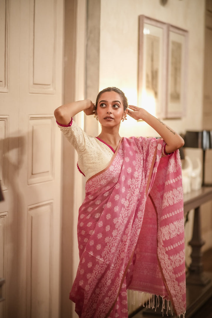 Strawberry Muse: Handwoven Pink Jamdani Cotton Mahapaar Saree