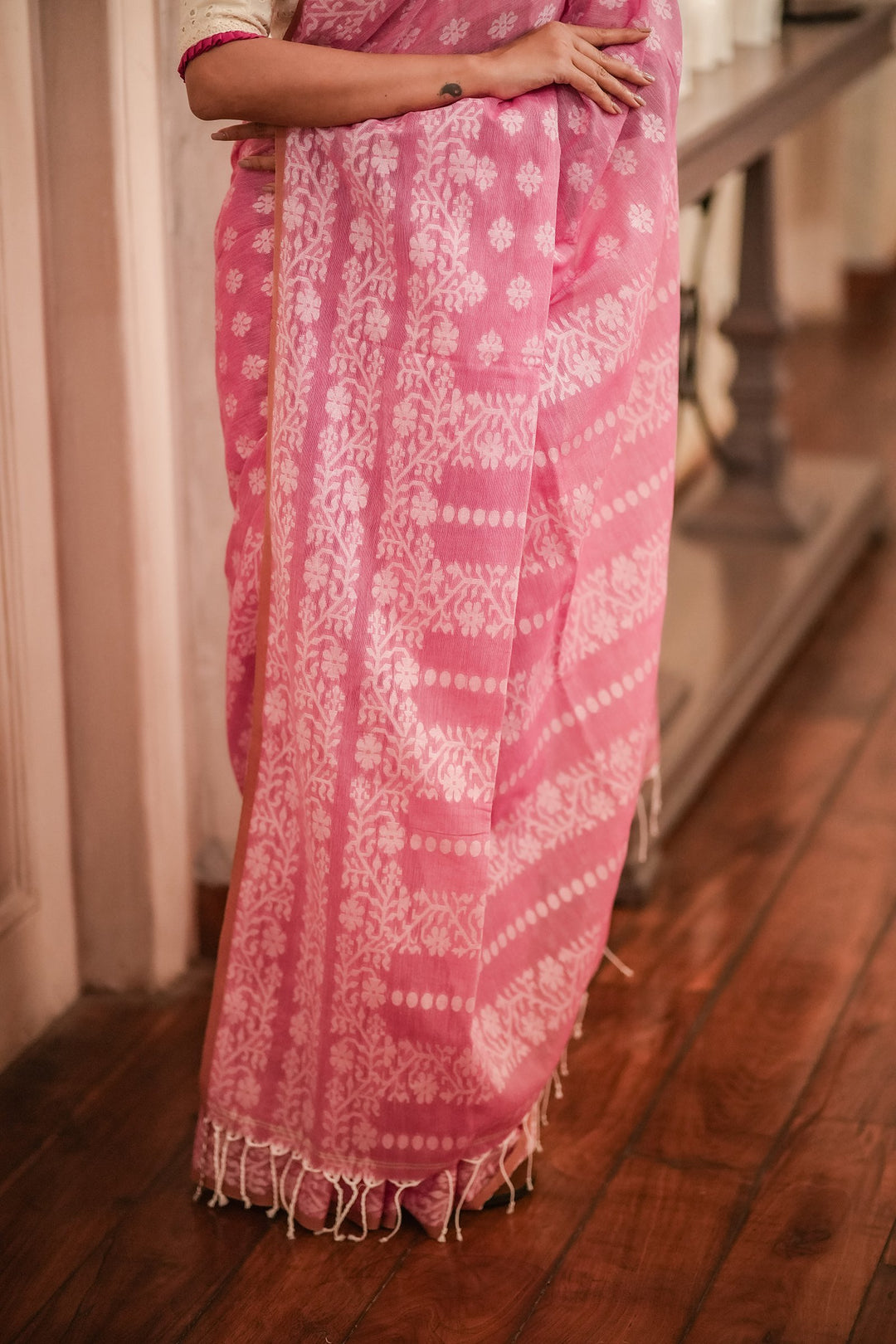 Strawberry Muse: Handwoven Pink Jamdani Cotton Mahapaar Saree