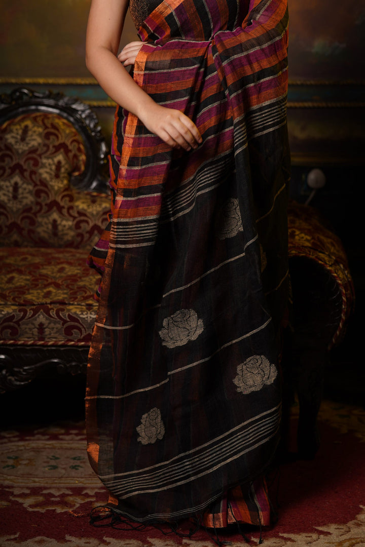 Guldasta - Black Rose Linen Jamdani Saree