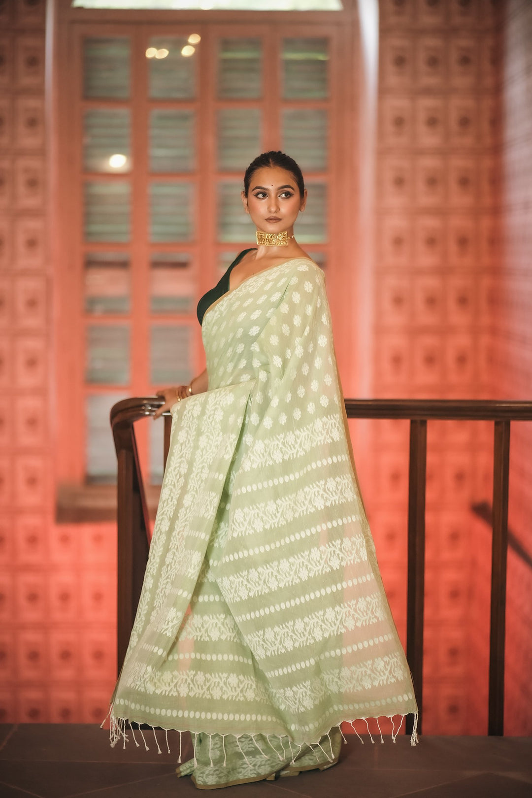 Pista Pearl: Handwoven Green Jamdani Cotton Mahapaar Saree