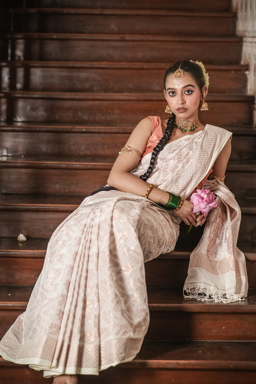 Handwoven Rose Gold Jamdani Saree