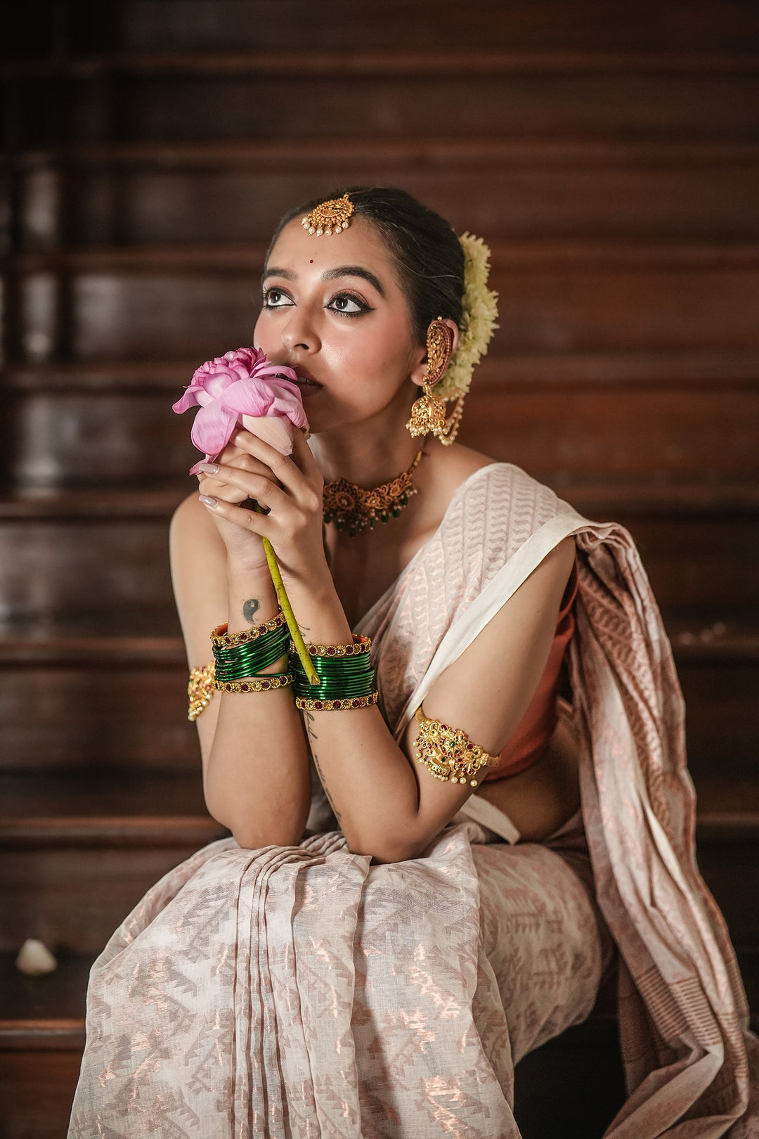 Handwoven Rose Gold Jamdani Saree