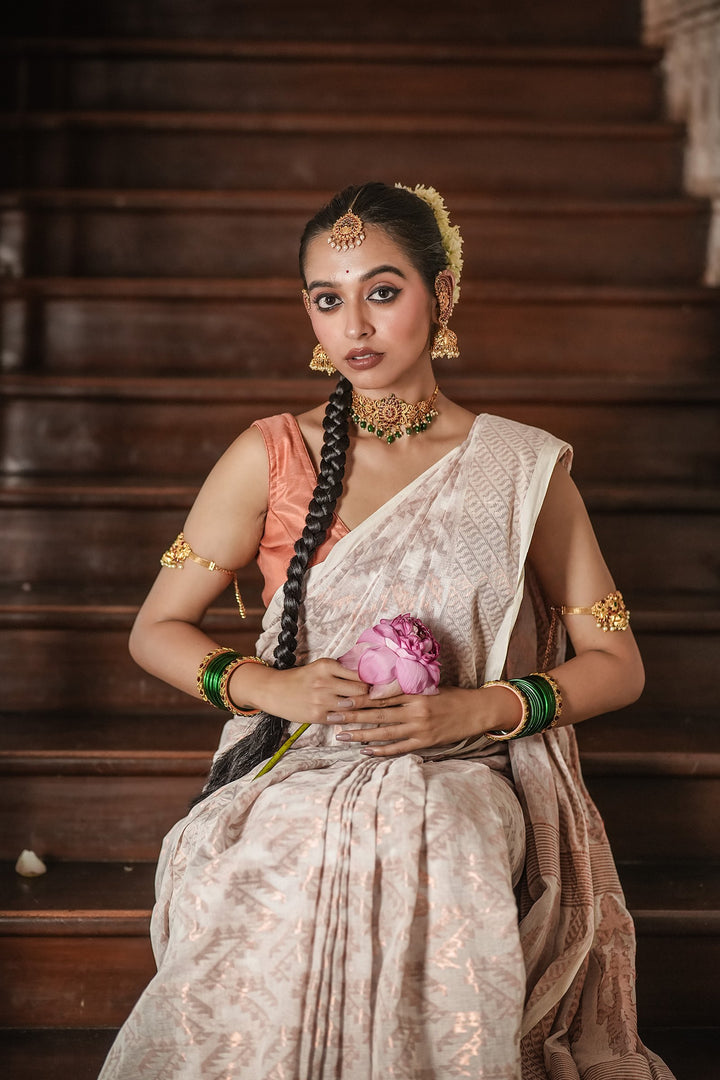 Handwoven Rose Gold Jamdani Saree