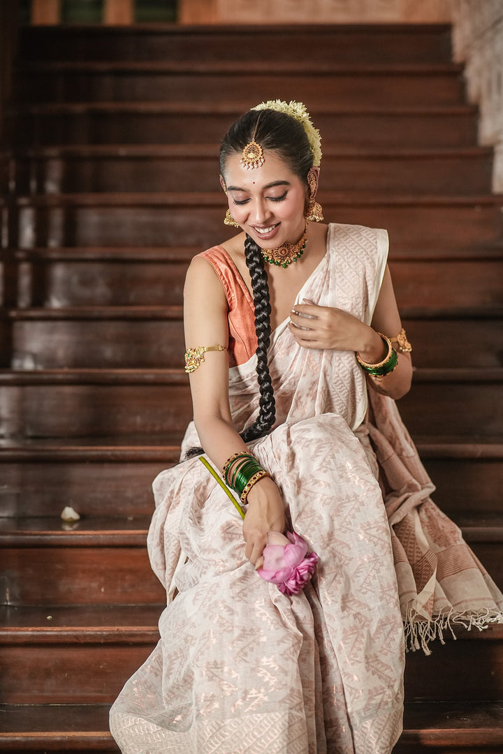 Handwoven Rose Gold Jamdani Saree