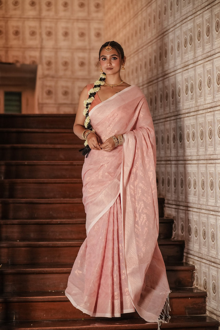 Copper Rose Royale: Handwoven Cotton Jamdani Saree