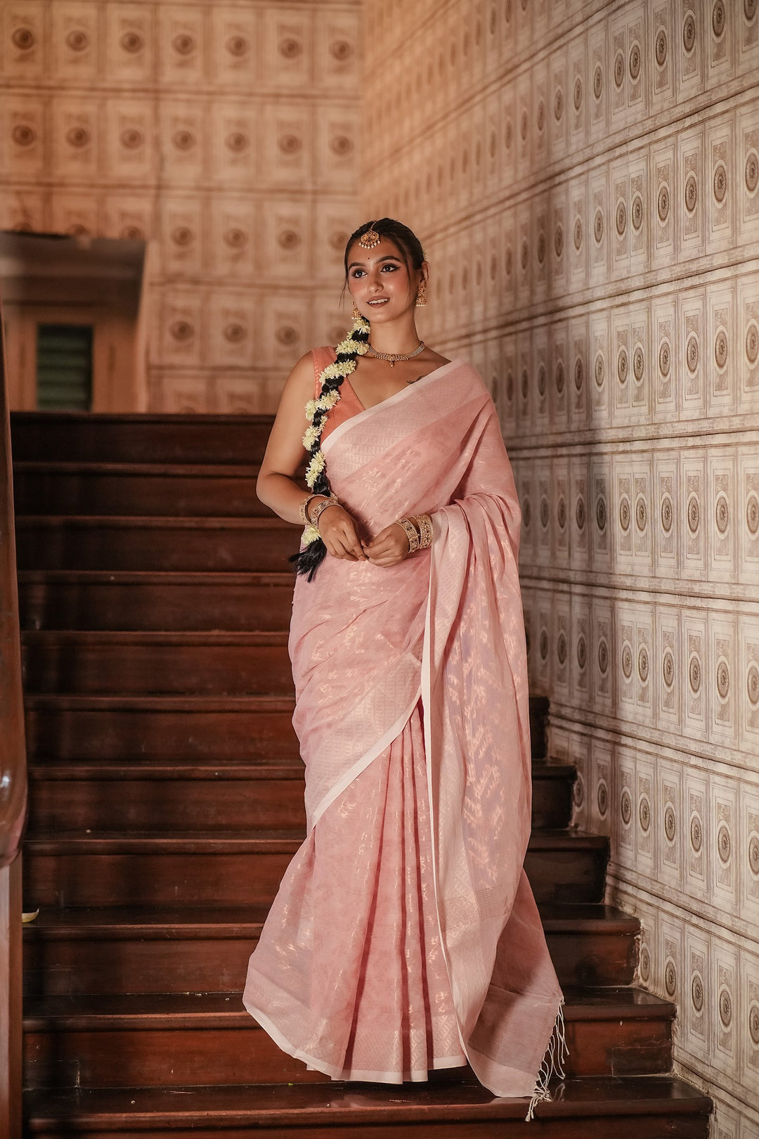 Copper Rose Royale: Handwoven Cotton Jamdani Saree