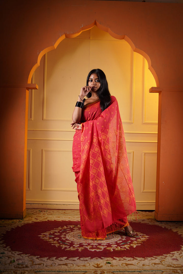 Tangerine Jamdani Saree