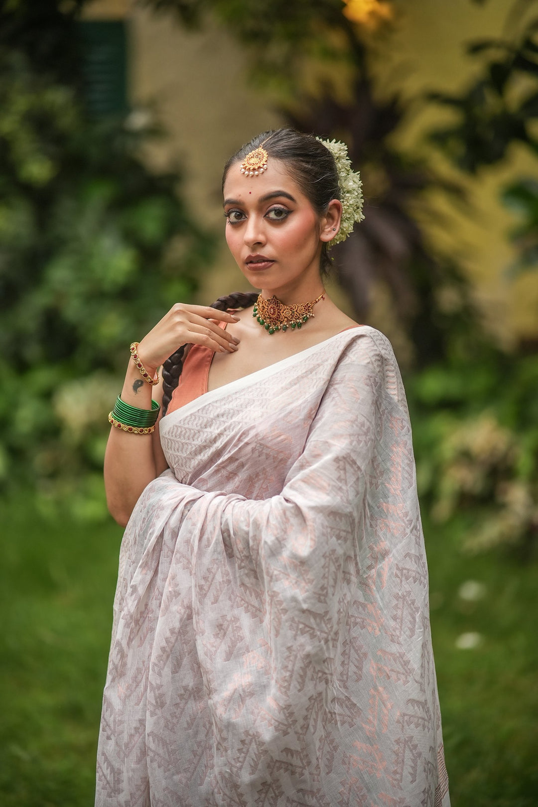 Handwoven Rose Gold Jamdani Saree