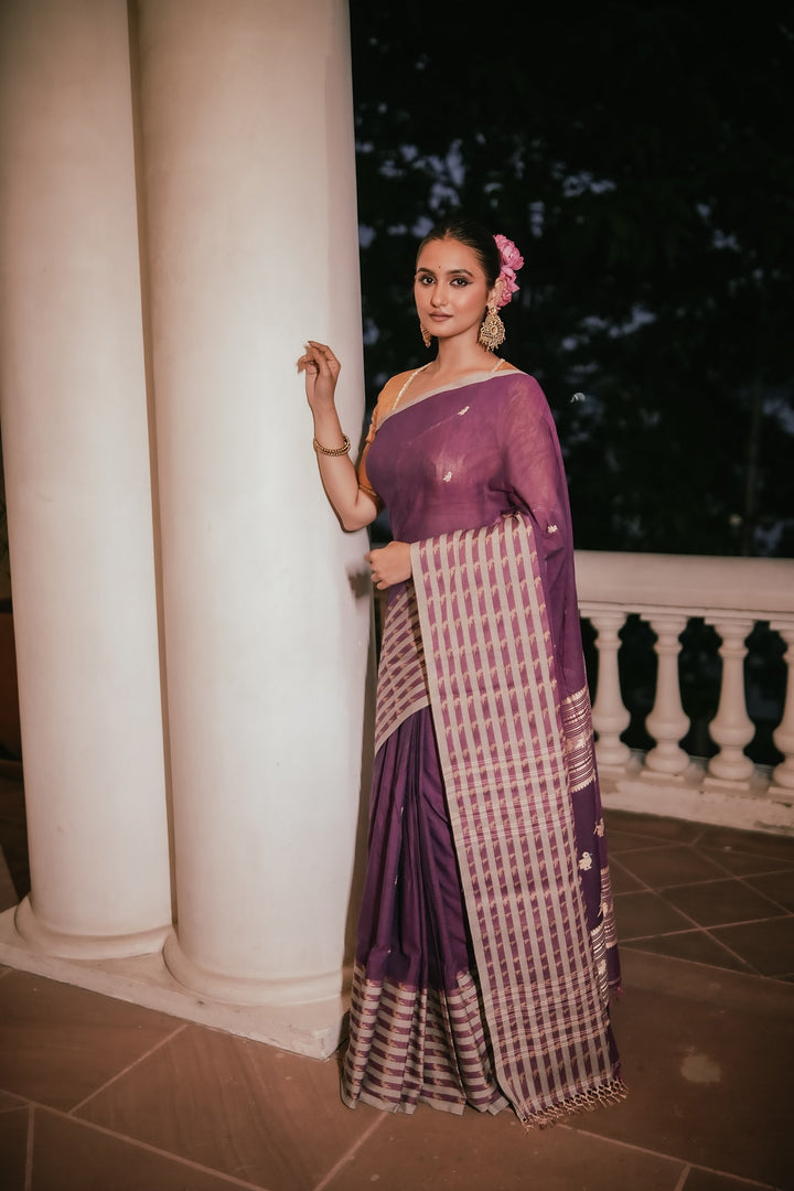 Orchid Grace: Handwoven Purple Jamdani Mahapaar Saree