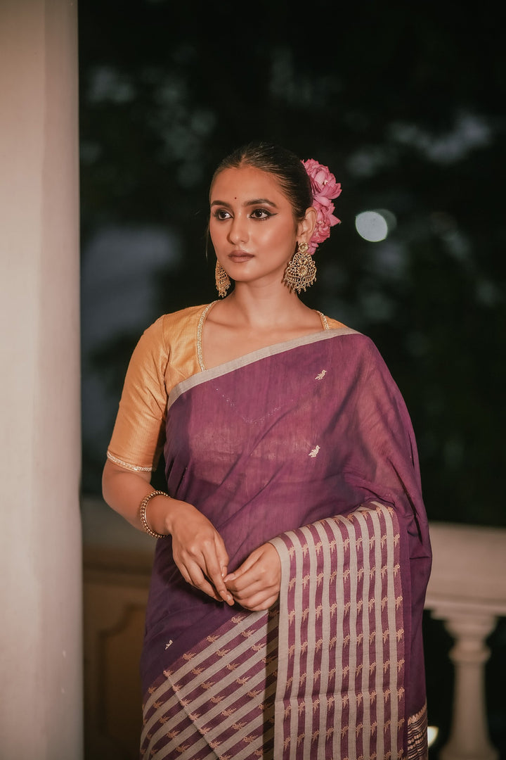 Orchid Grace: Handwoven Purple Jamdani Mahapaar Saree