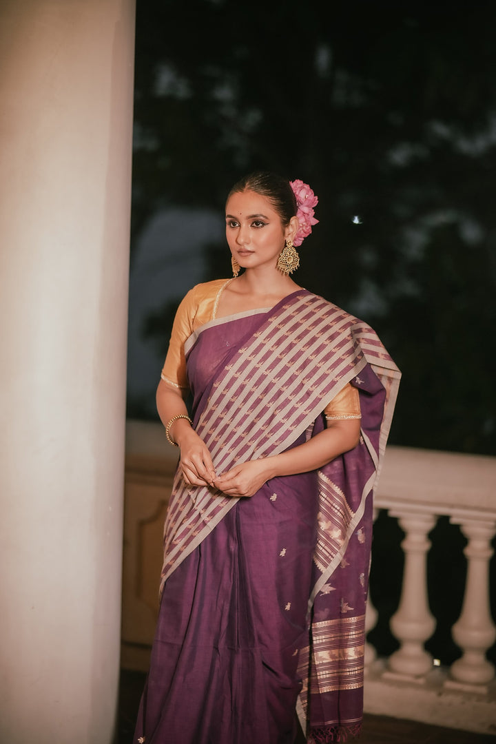 Orchid Grace: Handwoven Purple Jamdani Mahapaar Saree