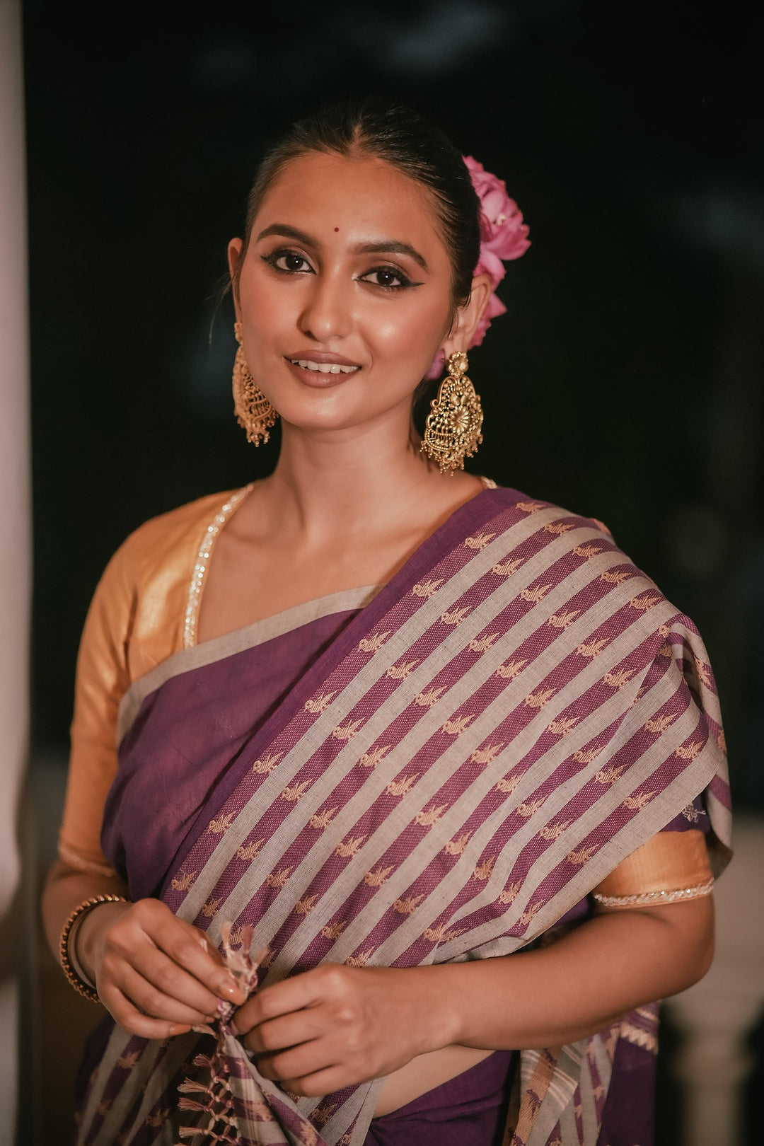 Orchid Grace: Handwoven Purple Jamdani Mahapaar Saree