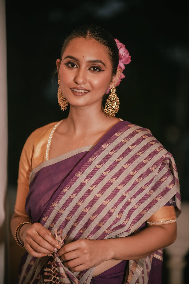 Orchid Grace: Handwoven Purple Jamdani Mahapaar Saree