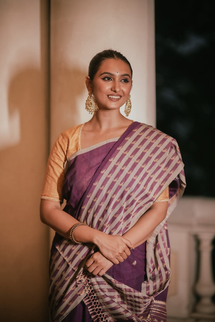 Orchid Grace: Handwoven Purple Jamdani Mahapaar Saree