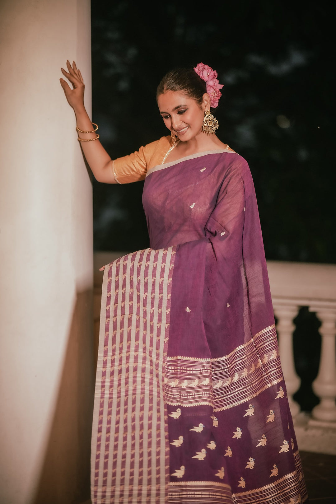 Orchid Grace: Handwoven Purple Jamdani Mahapaar Saree