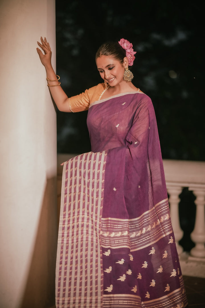 Orchid Grace: Handwoven Purple Jamdani Mahapaar Saree