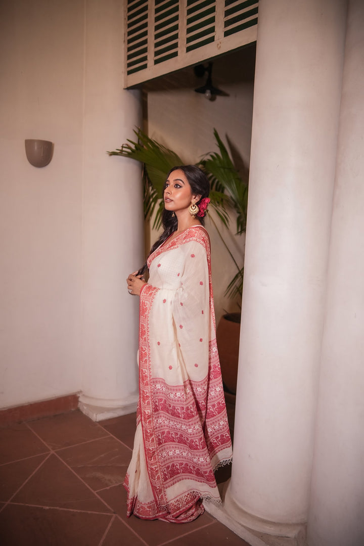 Kahini Katha: Lal Sada Handwoven Cotton Baluchari Saree