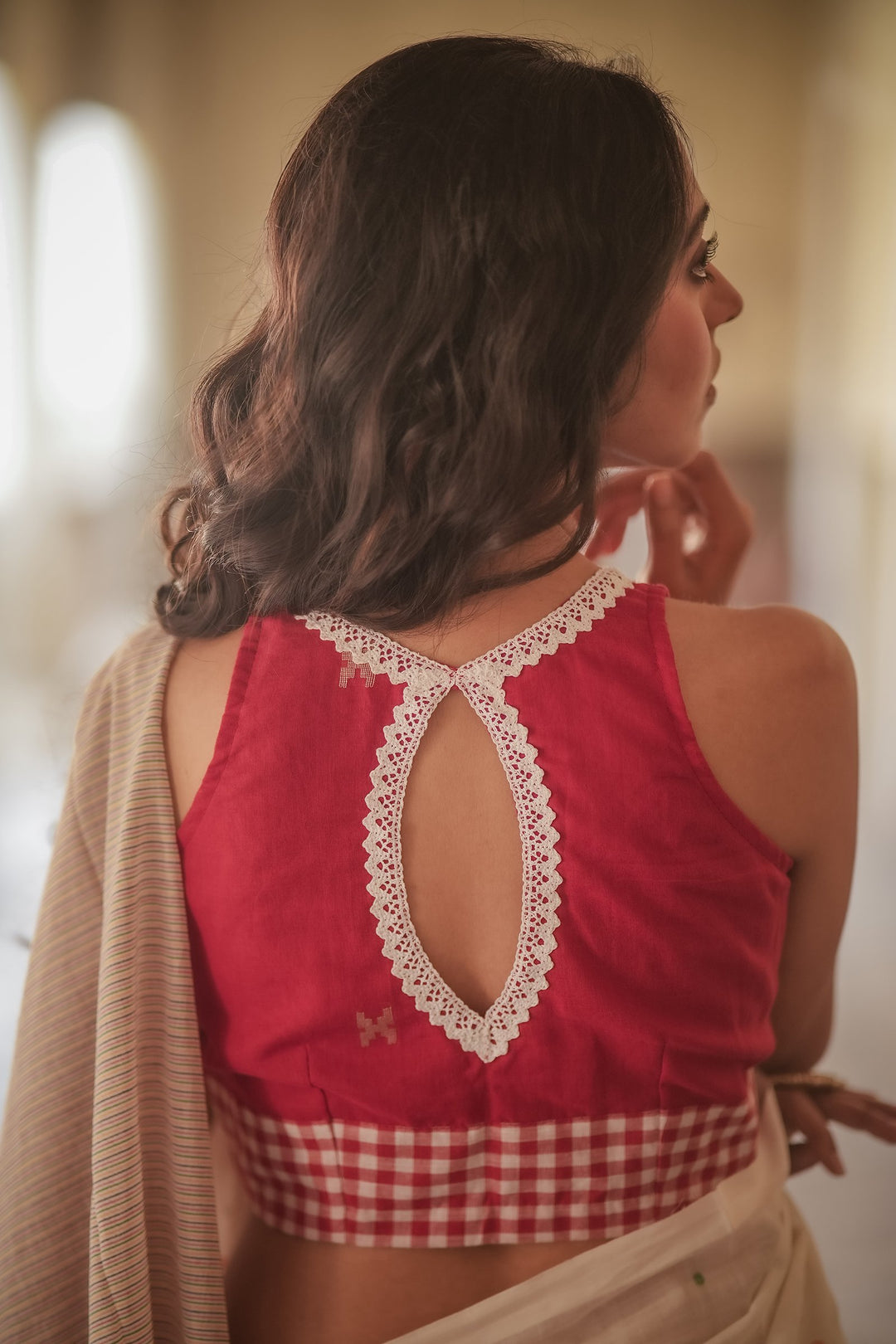 Princess Check Vintage Lace Red Jamdani Blouse