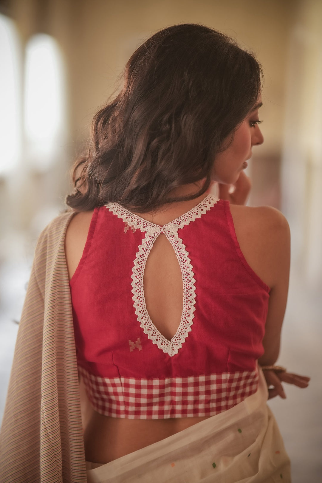 Princess Check Vintage Lace Red Jamdani Blouse