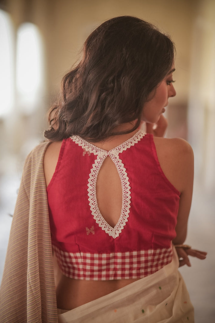 Princess Check Vintage Lace Red Jamdani Blouse