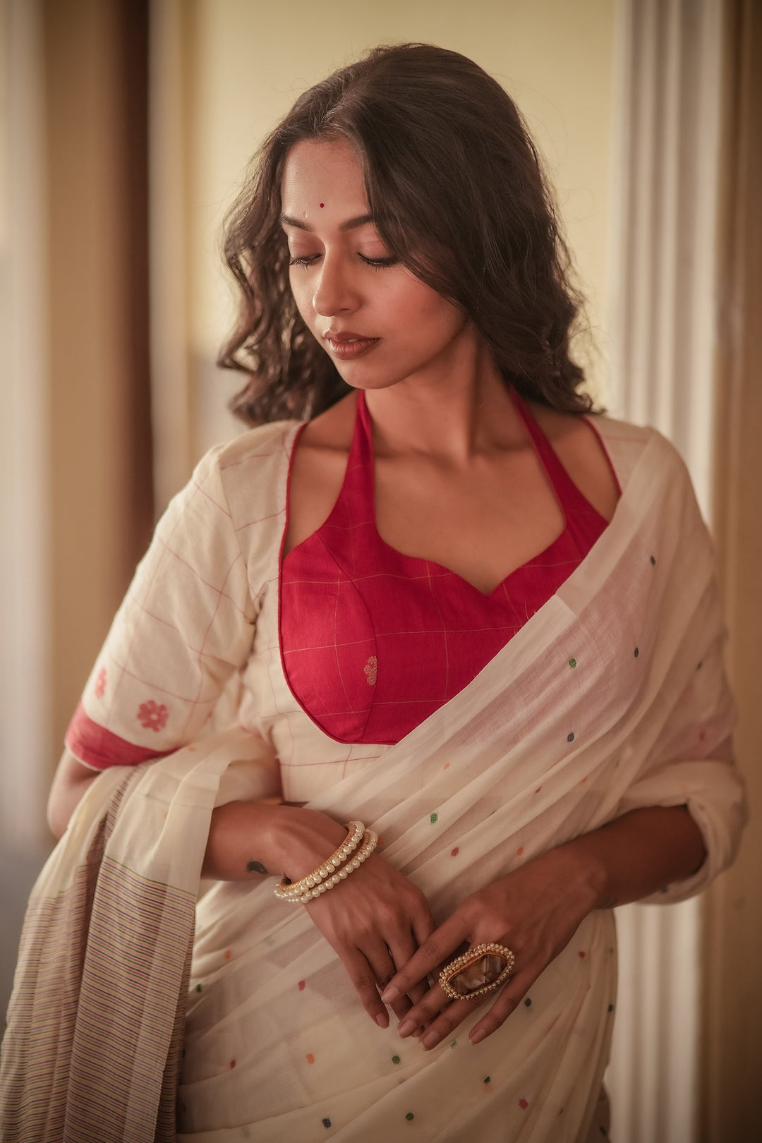 Masaba Red Floral Check Handwoven Jamdani Blouse