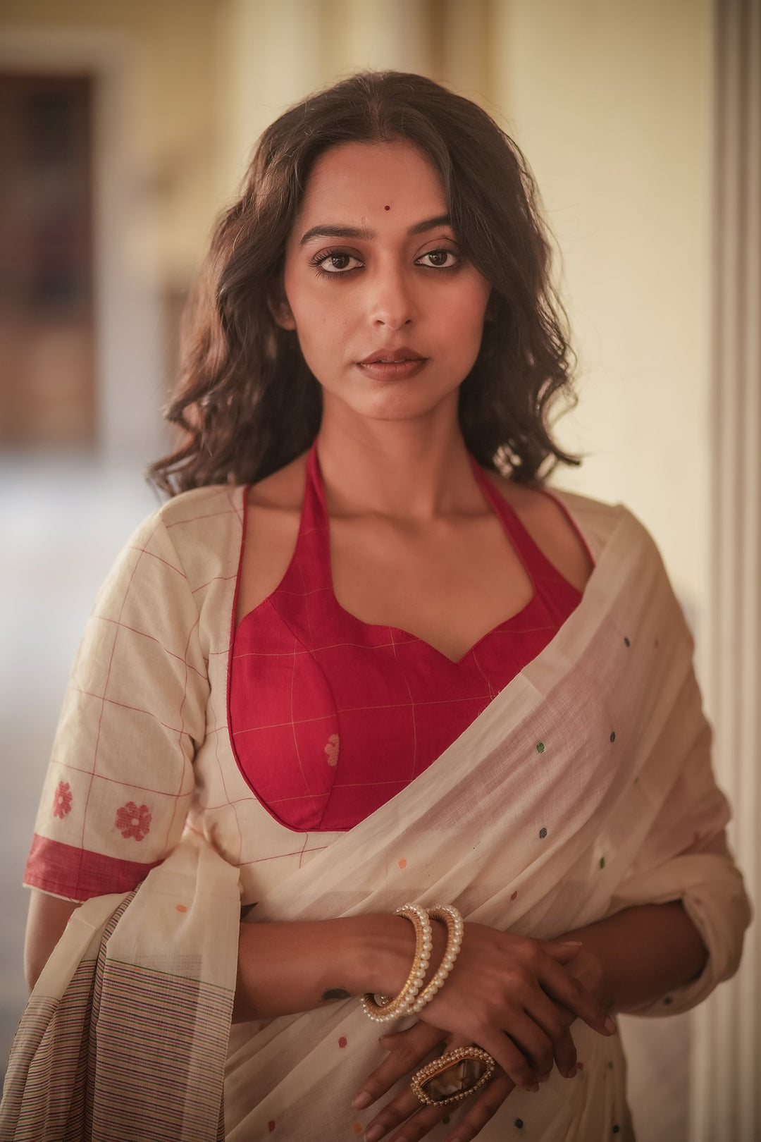 Masaba Red Floral Check Handwoven Jamdani Blouse