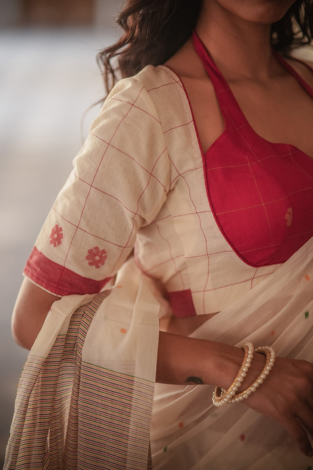 Masaba Red Floral Check Handwoven Jamdani Blouse