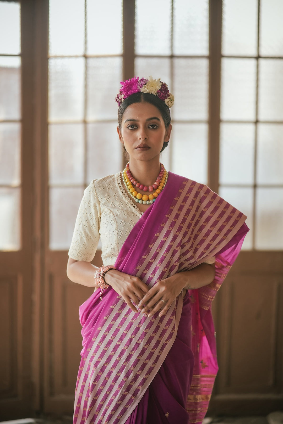 Frida Fuchsia Pink Handwoven Bird Jamdani Saree