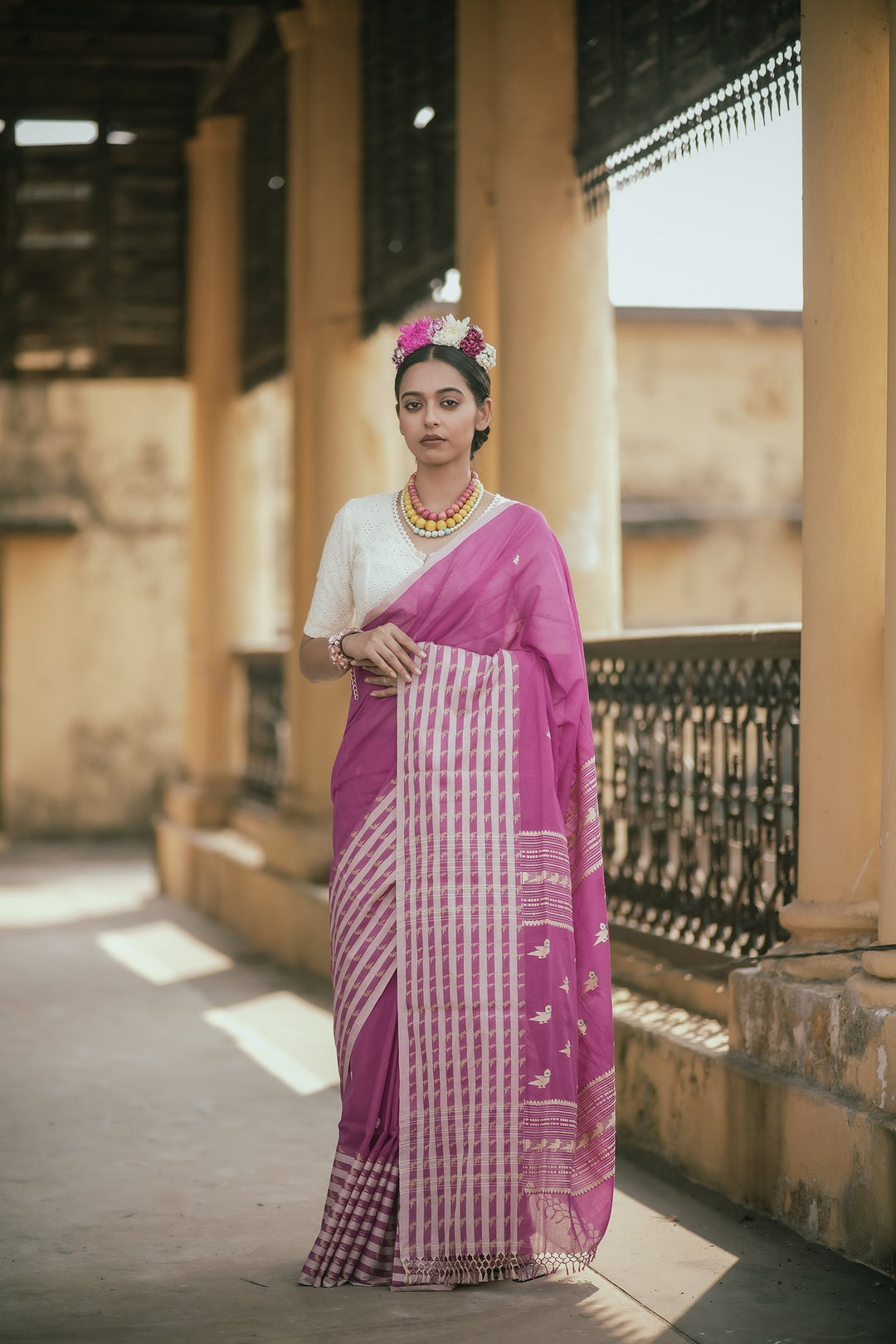 Frida Fuchsia Pink Handwoven Bird Jamdani Saree