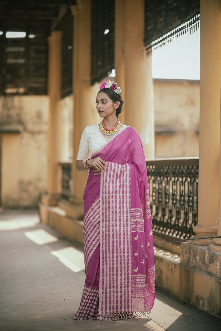 Frida Fuchsia Pink Handwoven Bird Jamdani Saree