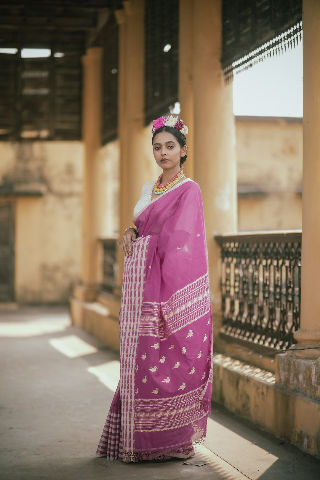 Frida Fuchsia Pink Handwoven Bird Jamdani Saree
