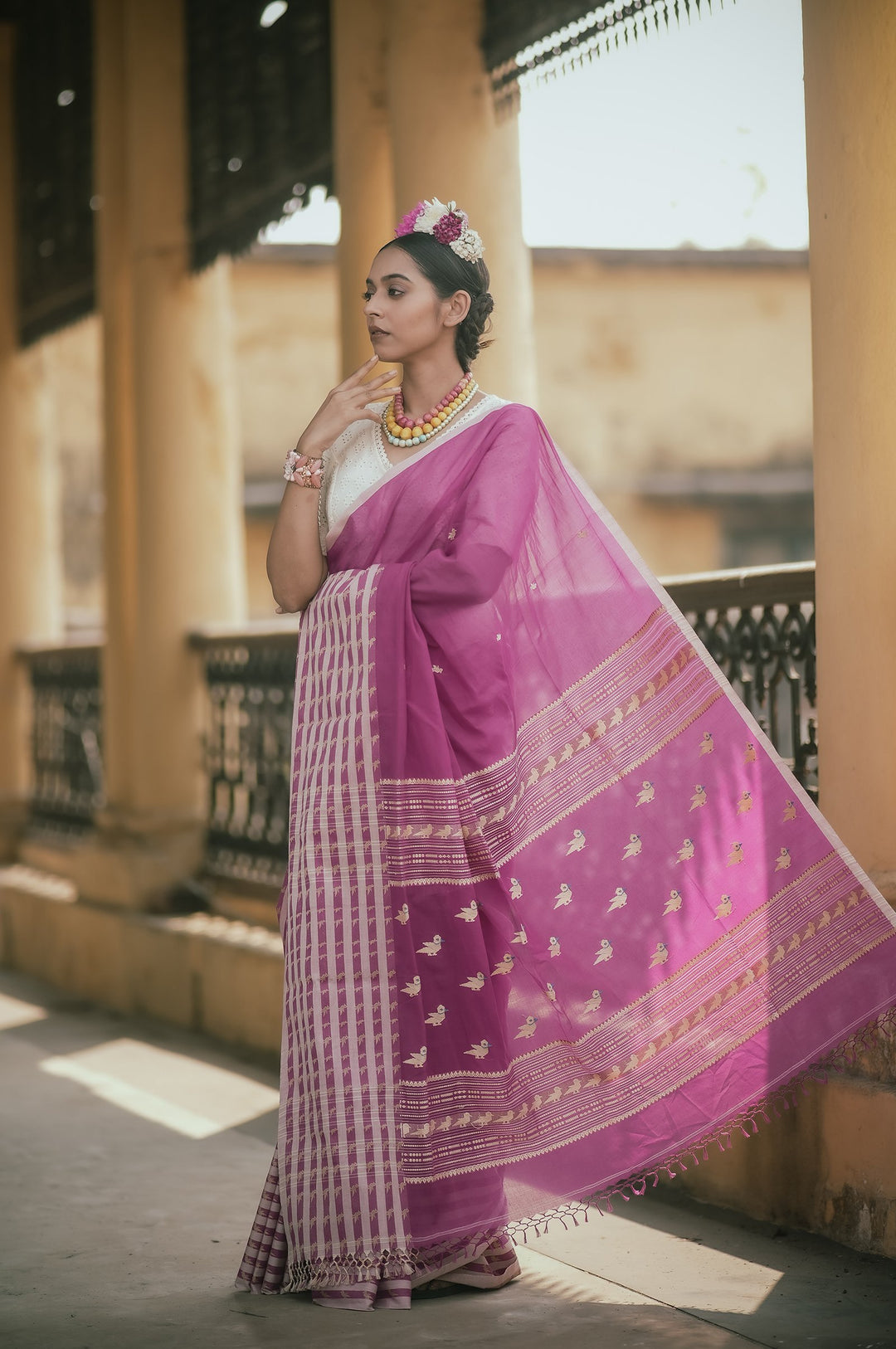 Frida Fuchsia Pink Handwoven Bird Jamdani Saree