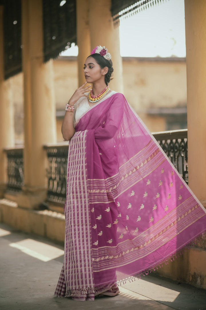 Frida Fuchsia Pink Handwoven Bird Jamdani Saree