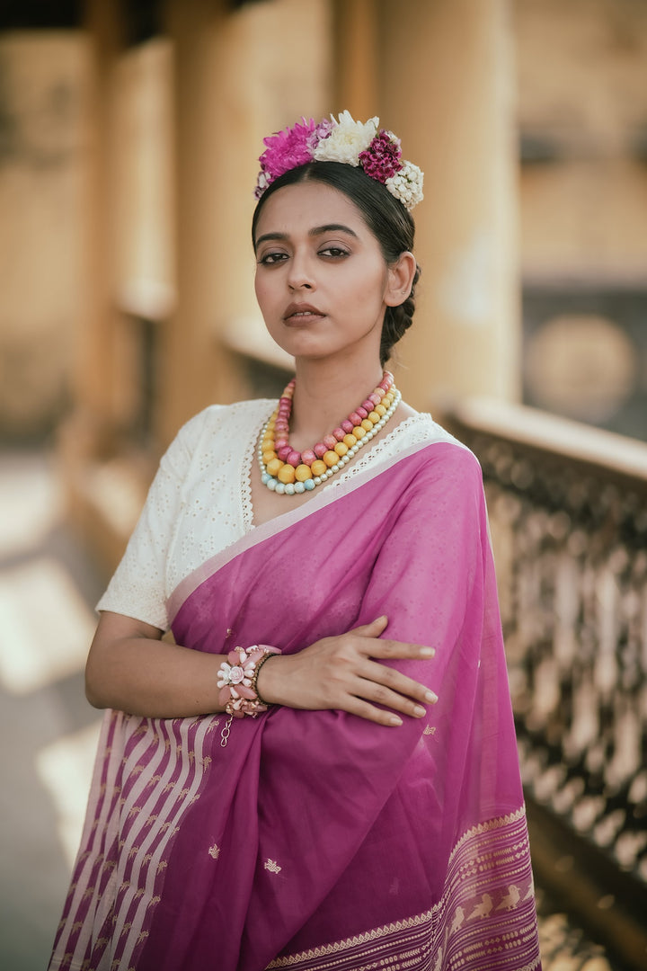 Frida Fuchsia Pink Handwoven Bird Jamdani Saree