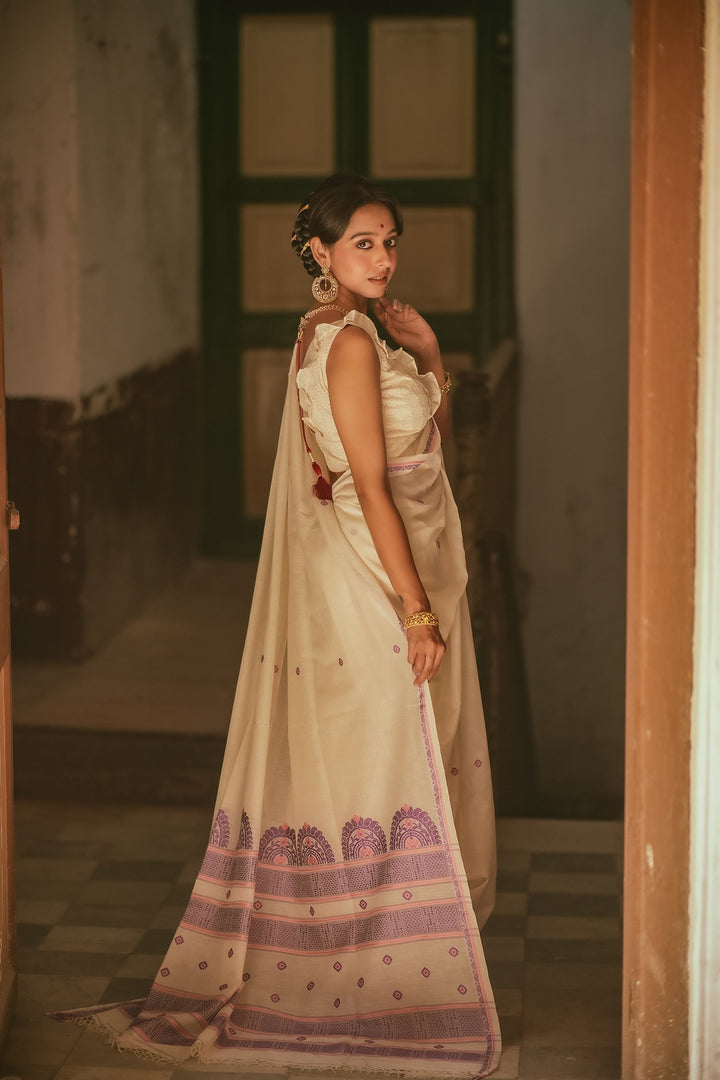 Handwoven Chalchitra Pink Purple Jamdani Saree in White base