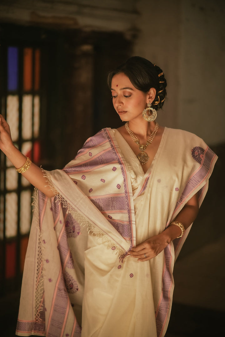 Handwoven Chalchitra Pink Purple Jamdani Saree in White base