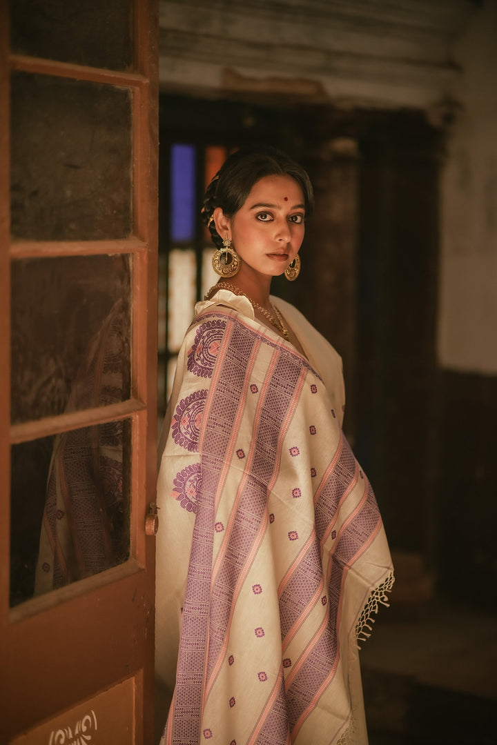 Handwoven Chalchitra Pink Purple Jamdani Saree in White base